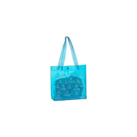 Sacola em PVC cristal com alça de ombro transparente.