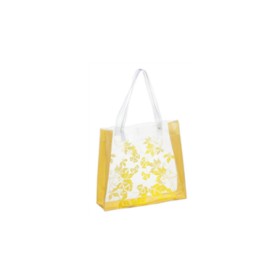 Sacola em PVC cristal com lateral, fundo em PVC camurça colorido e alça de ombro transparente.