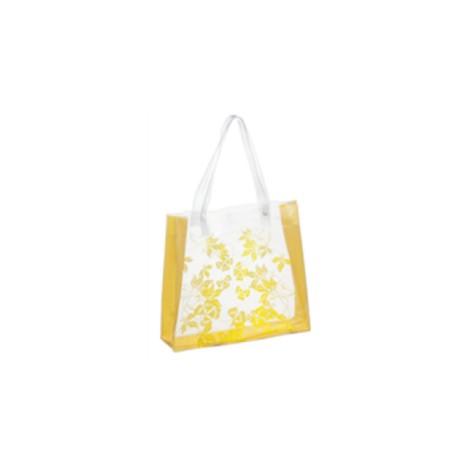 Sacola em PVC cristal com lateral, fundo em PVC camurça colorido e alça de ombro transparente.