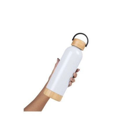 Garrafa Parede Dupla Com Detalhes Em Bambu - Branca - 500 Ml Personalizado