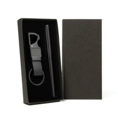 Caneta Roller e Chaveiro Cinza em Metal e Pu Preto Personalizada