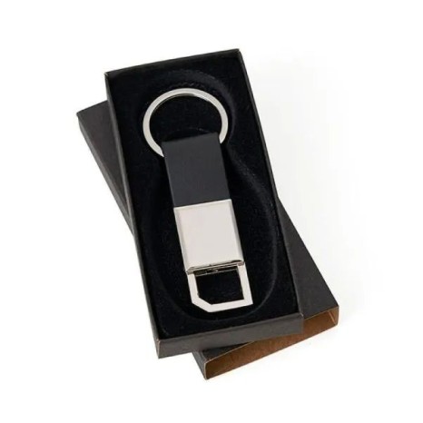 Chaveiro em Metal Cromado e Material Sintético Preto Personalizado