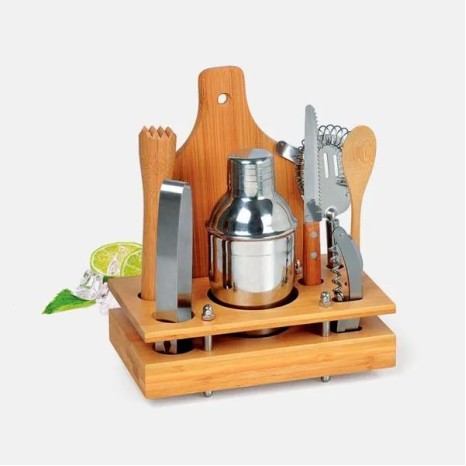 Conjunto para Bar em Bambu / Madeira / Inox 8 Pçs Personalizado