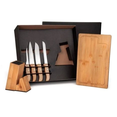 Conjunto para Cozinha com Cepo em Bambu / Madeira / Inox 6 Pçs Personalizado