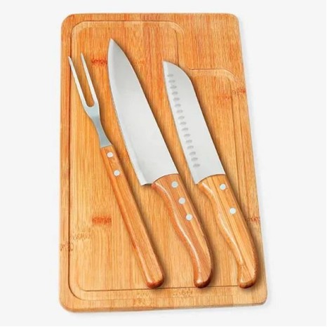 Conjunto para Churrasco em Bambu / Madeira / Inox Texas 4 Pçs Personalizado
