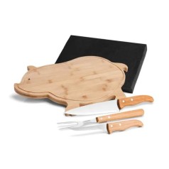 Kit para Cozinha com Tábua Porco em Bambu / Madeira / Inox 4 Pçs Personalizado