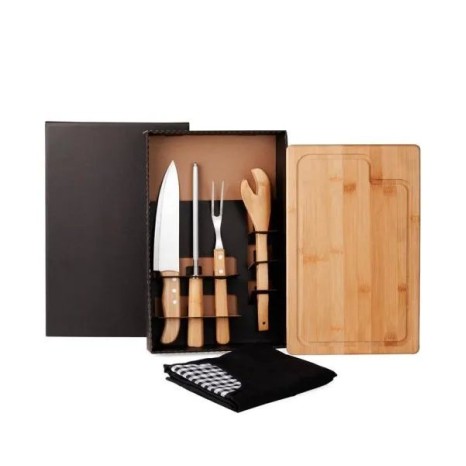 Kit para Churrasco em Bambu / Madeira / Inox com Avental 6 Pçs Personalizado
