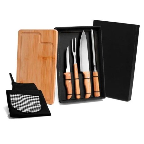 Kit para Churrasco em Bambu / Madeira / Inox com Avental 6 Pçs Personalizado