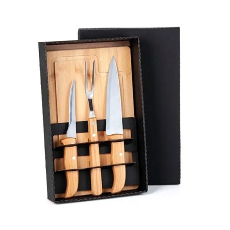 Kit para Churrasco em Bambu / Madeira / Inox 4 Pçs Personalizado