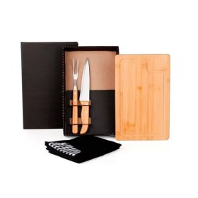 Kit para Churrasco em Bambu / Madeira / Inox com Avental 4 Pçs Personalizado