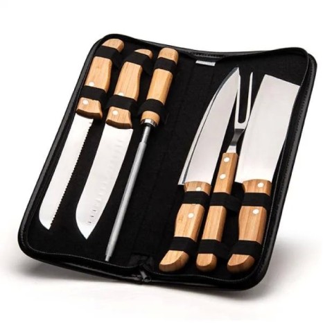 Conjunto De Facas Bambu / Madeira / Inox Com Estojo Frankfurt 7 Pçs Personalizado
