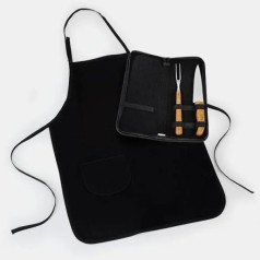 Kit Garfo, Faca Inox/Bambu com Estojo e Avental 4 Pçs Personalizado