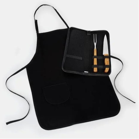 Kit Garfo, Faca Inox/Bambu com Estojo e Avental 4 Pçs Personalizado