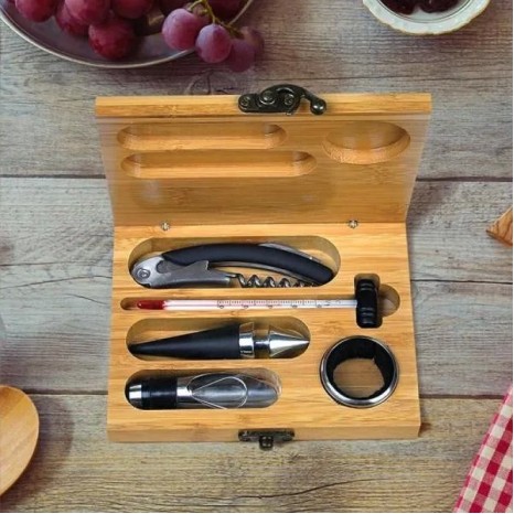 Acessórios para Vinho com Estojo em Bambu 6 Pçs Personalizado