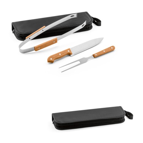 Kit Churrasco Aço Inox e Madeira 3 Pecas com Logotipo Personalizado